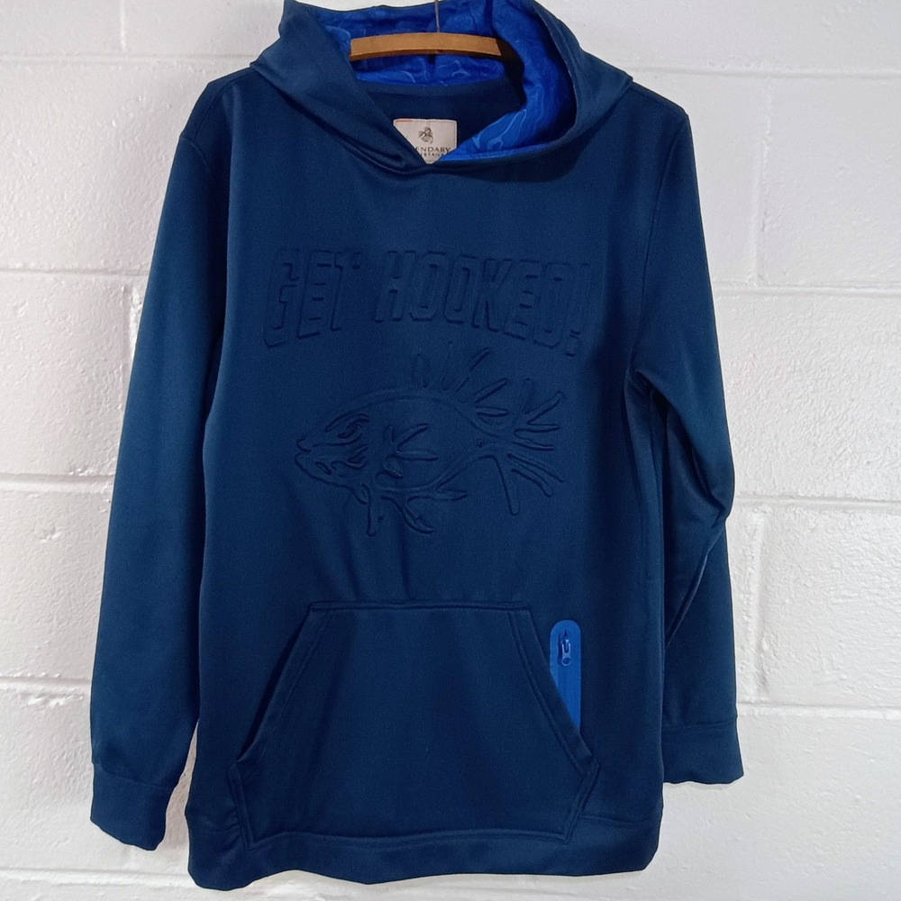 Legendary Whitetails Elite Embossed Fishing Blue Hooded Sweatshirt Mens MEDIUM